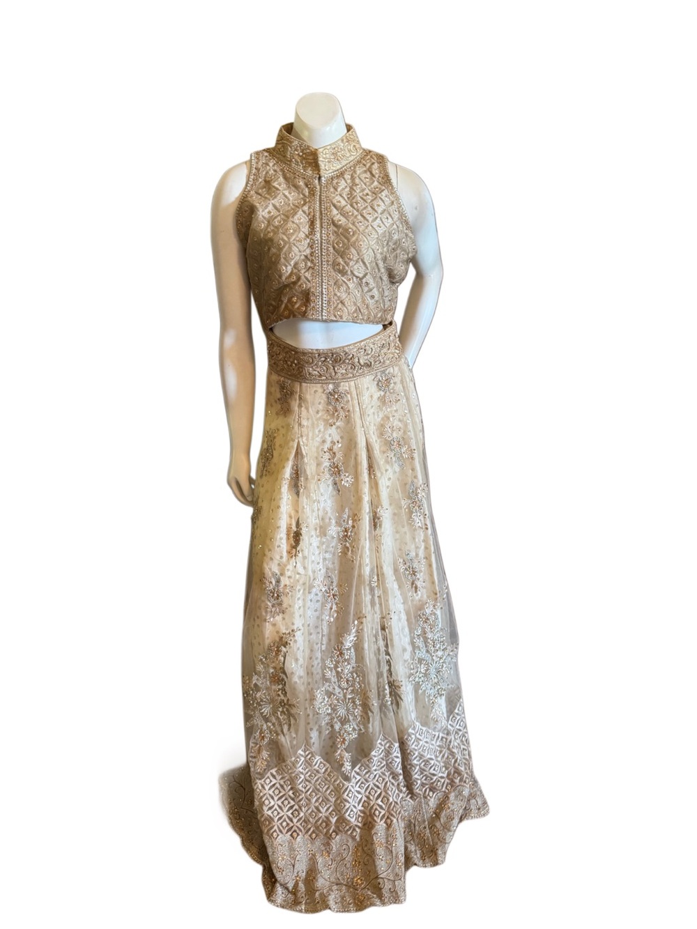 Indian Lehenga Choli 2-Piece Champaign Gold Beaded Embroidered Formal Gown